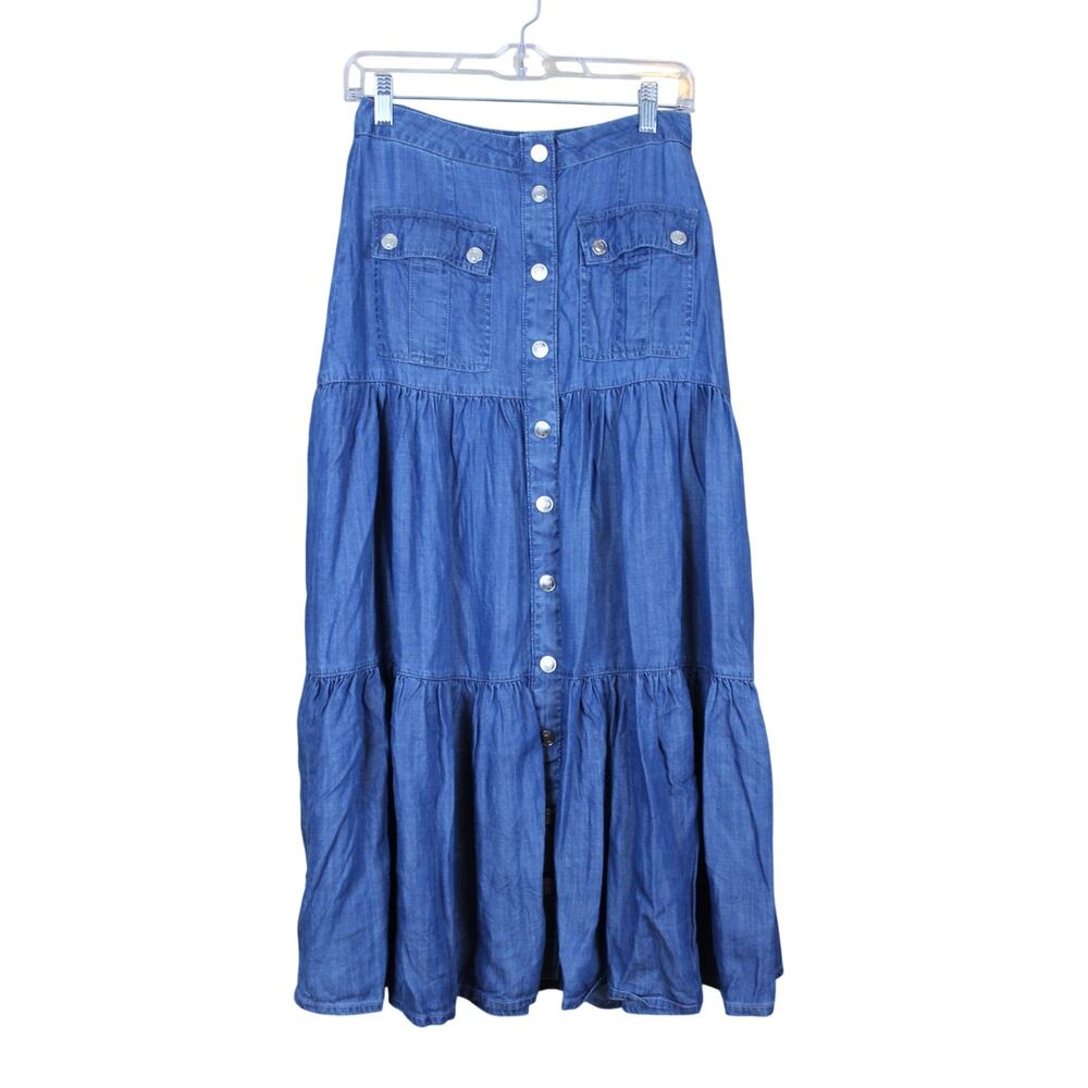 Guess Medium Blue A-line Button Up Denim Front Pocket Prairie Maxi Skirt Size XS